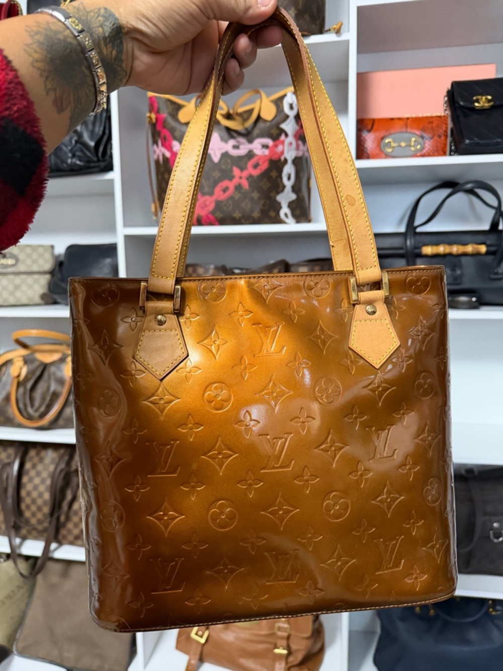 Louis Vuitton Brown Vernis Embossed Patent Tote with Tan Handles